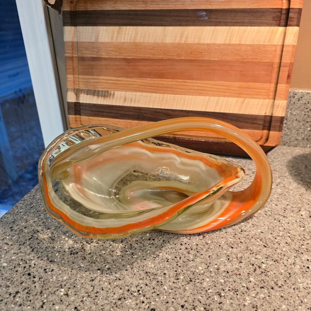 Vintage Hand Blown Glass Bowl Dish Basket Shelf Table Decor Orange White 12 1/4"